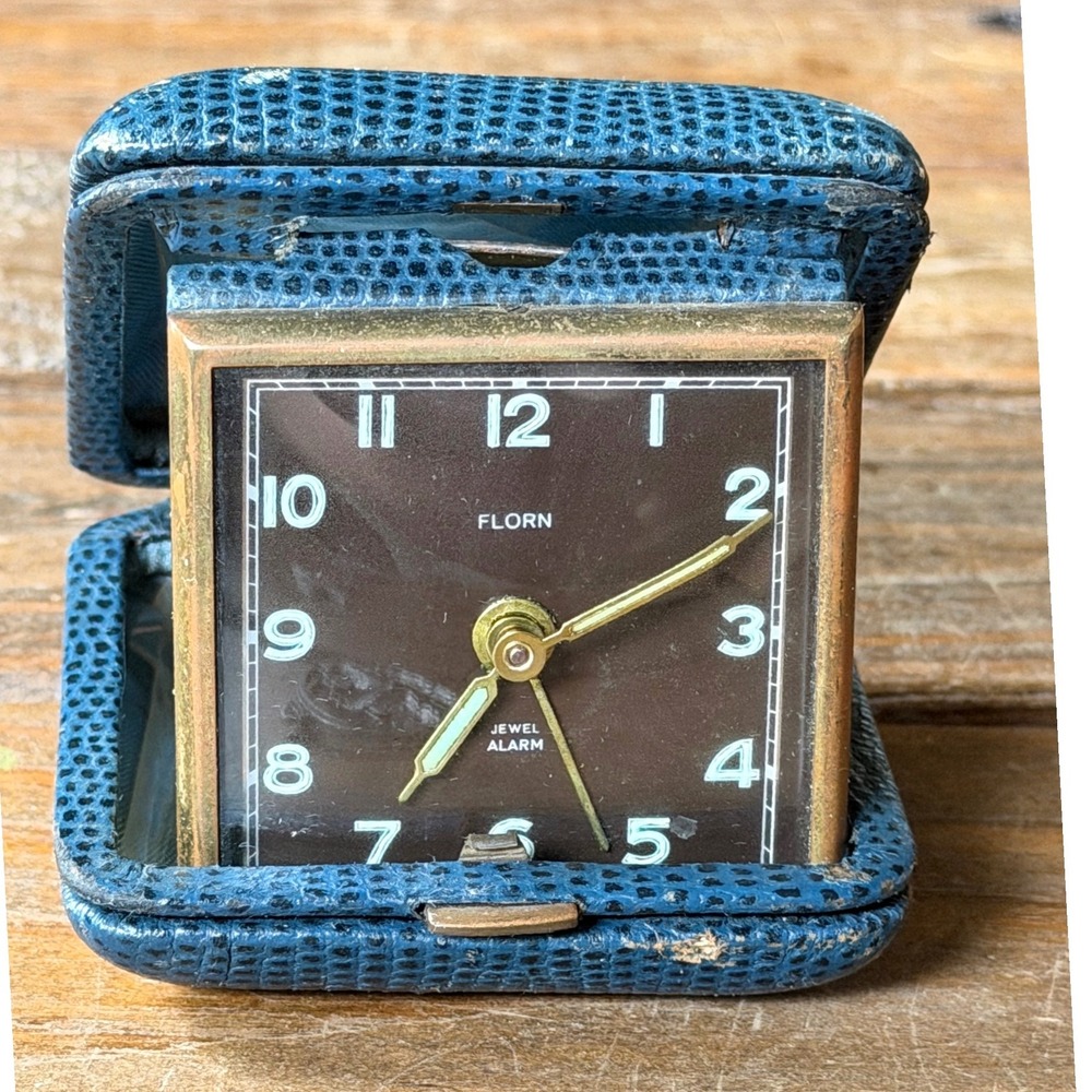 Vintage Florn Jewel Alarm Travel Clock Blue Leather Case Made‎ in Germany